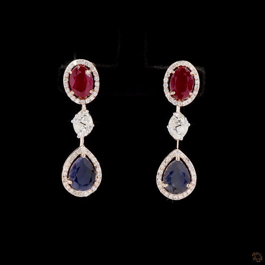 Gold Drop Earrings with Natural Round Diamonds, Ruby & Blue Sapphire