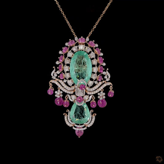 Natural Diamond & Light Emerald Rose Gold Pendant with Pink Gemstone Beads