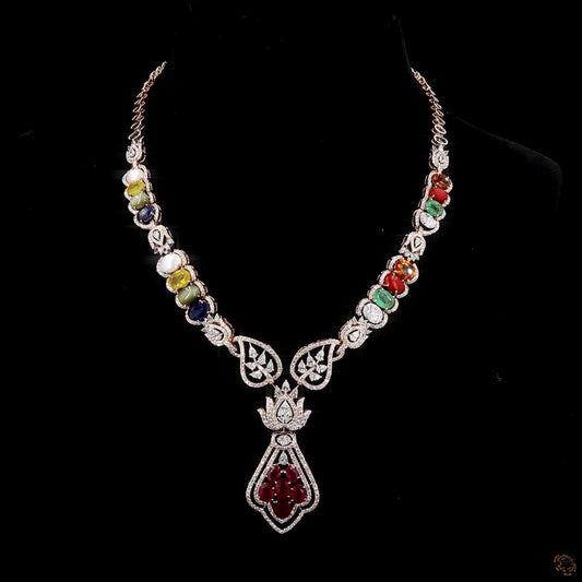 Navaratna Diamond Necklace in Rose Gold | Natural Round Diamond Hexagon Collar Necklace Set