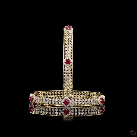Gold Natural Round Diamond & Ruby Bangle Pair – Bridal Kada Set