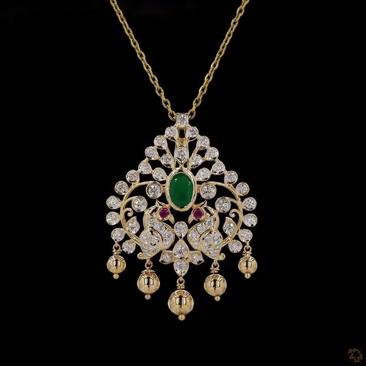 Twin Peacock Gold Pendant with Natural Emerald, Diamonds & Ruby Accents