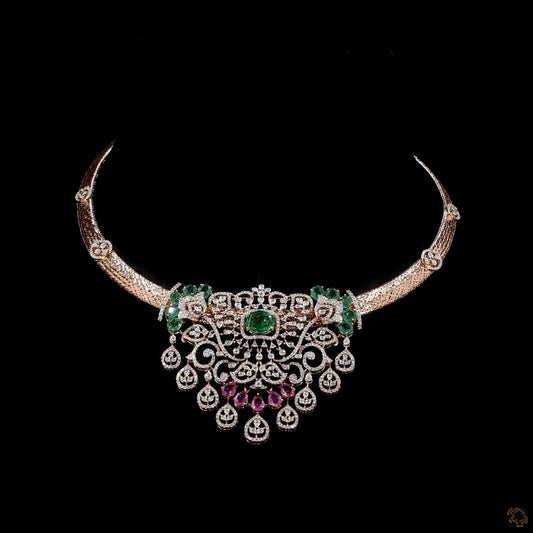 Bridal Diamond Necklace with Natural Emeralds and Ruby Accents