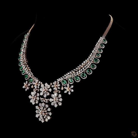 Fancy Cut Diamond Floral Necklace with Emerald Accents