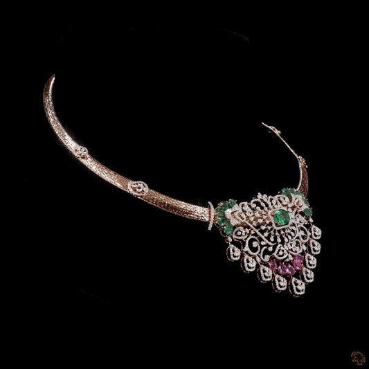 Bridal Diamond Necklace with Natural Emeralds and Ruby Accents