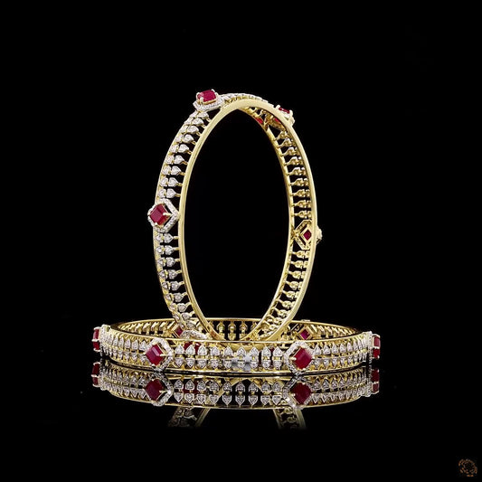Gold Natural Round Diamond & Ruby Bangle Pair – Bridal Kada Set