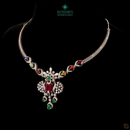 Navratna Diamond Necklace in Nine Gemstone & Natural Diamond Choker Necklace