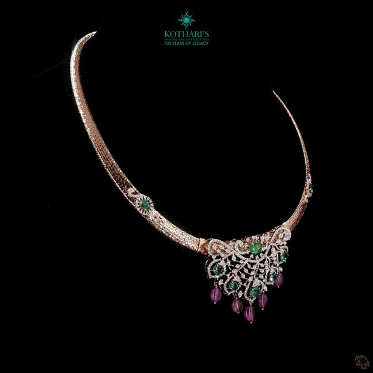 Diamond Necklace with Natural Emeralds & Pink Tourmaline Drops