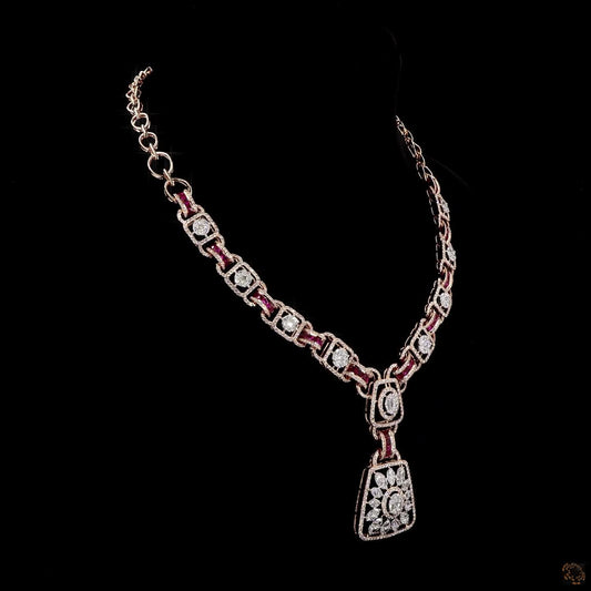 Rose Gold Natural Diamond & Ruby Necklace Set | Round, Marquise & Princess Cut Diamond Necklace
