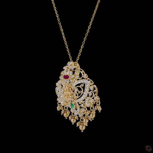 Natural Round Diamond Laxmi Pendant with Ruby & Emerald | Antique Temple Jewelry