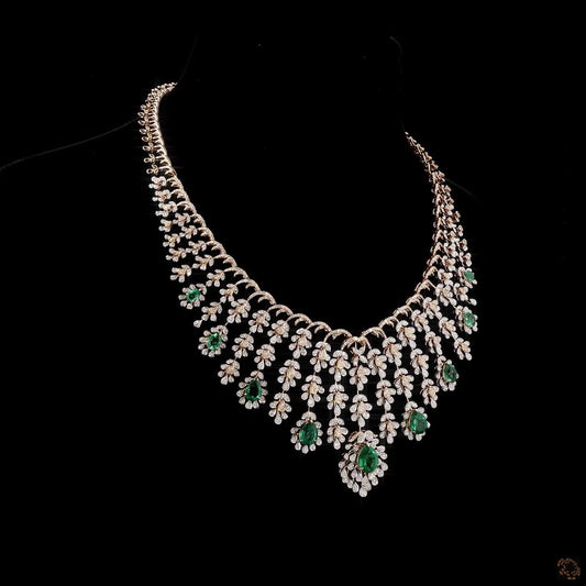 Natural Round Diamond & Emerald Cascading Bib Necklace