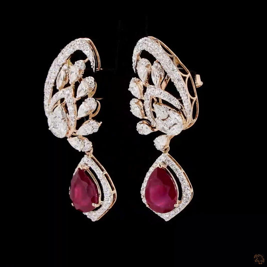 Designer Ruby Earrings in Gold | Natural Diamond Leaf Motif Drop Earrings