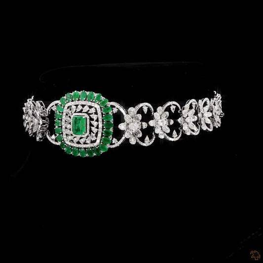 Natural Diamond & Emerald Gold Choker Necklace | Round, Pear & Baguette Diamonds with Green Emeralds