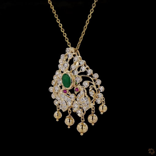 Twin Peacock Gold Pendant with Natural Emerald, Diamonds & Ruby Accents