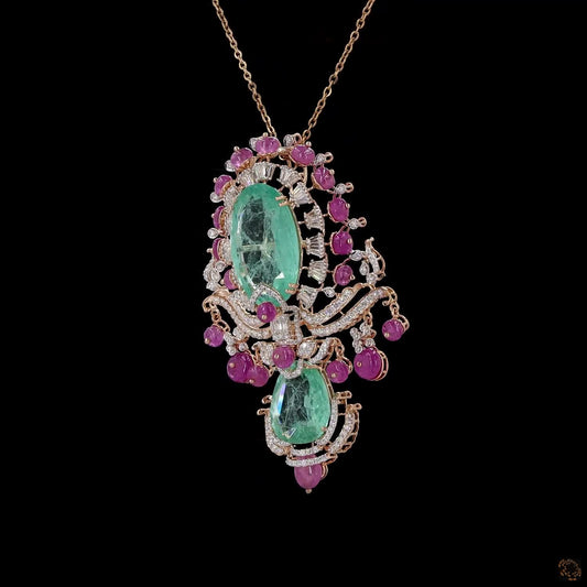 Natural Diamond & Light Emerald Rose Gold Pendant with Pink Gemstone Beads
