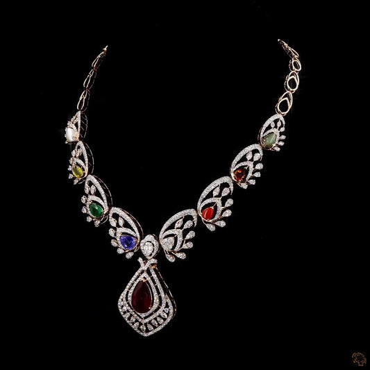 Navaratna Diamond Necklace in Gold with Natural Diamonds & Nine Precious Gemstones