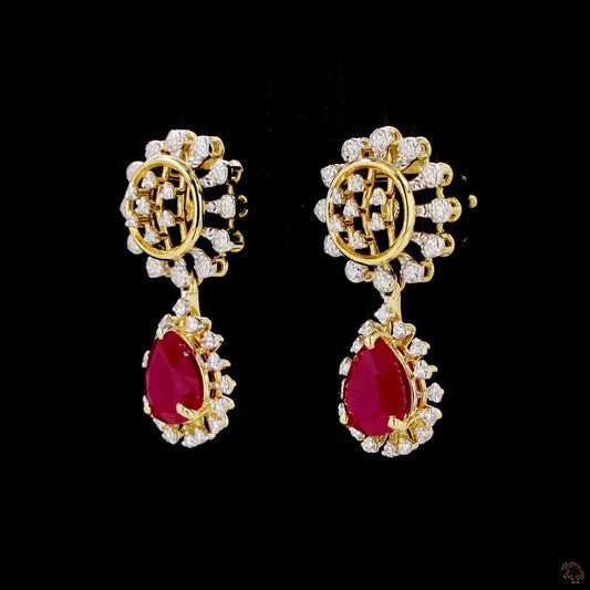 Floral Diamond & Pear Ruby Drop Earrings in Gold | Natural Round Diamond Necklace Set Earrings