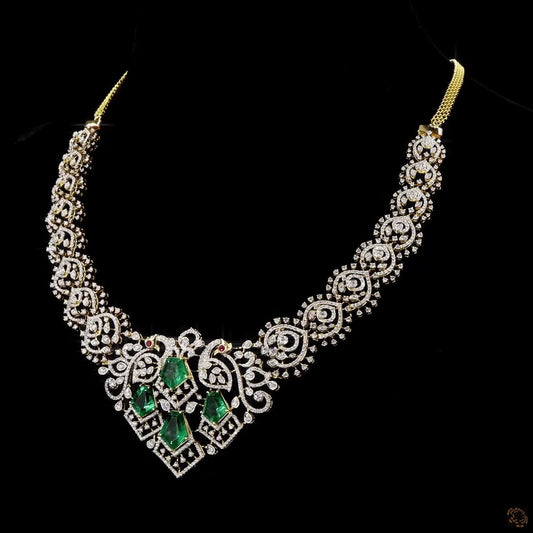Natural Diamond Emerald Necklace in 18K Gold | Peacock Motif Wedding Necklace