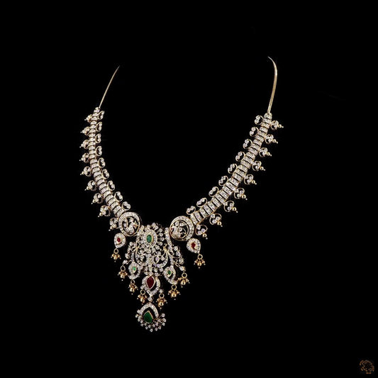 Diamond Necklace with Emerald & Ruby Accents, South Indian Temple Design