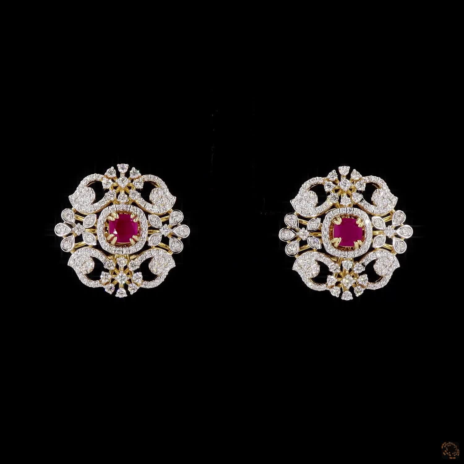 Emerald & Ruby Diamond Earrings in 18KT Yellow Gold