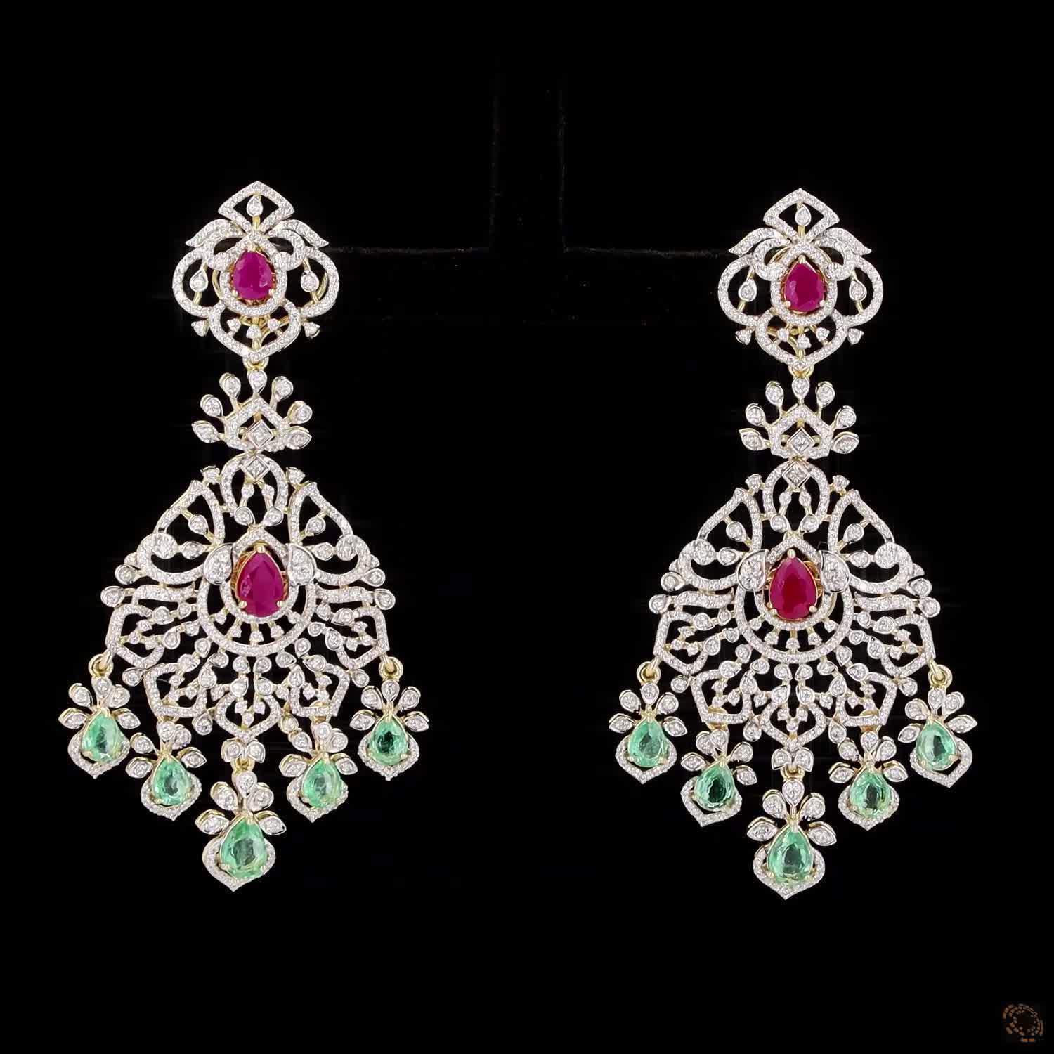 Emerald & Ruby Diamond Earrings in 18KT Yellow Gold