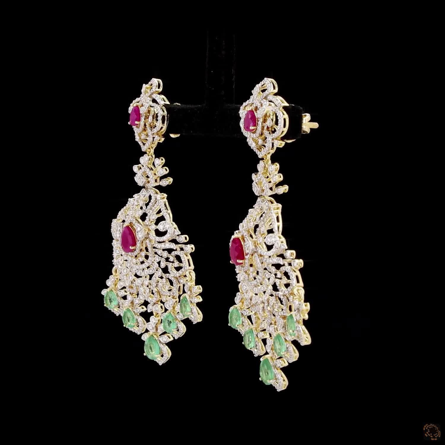 Emerald & Ruby Diamond Earrings in 18KT Yellow Gold