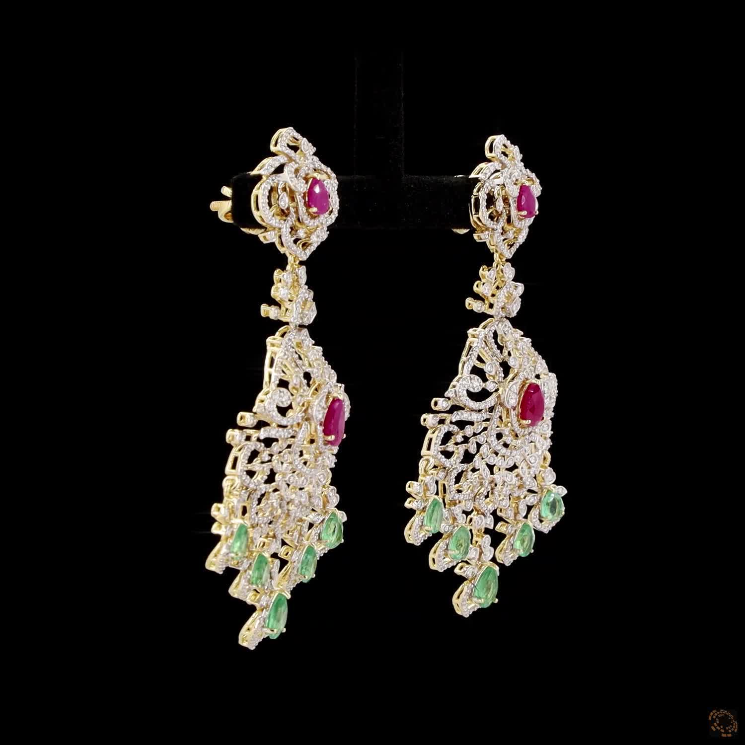 Emerald & Ruby Diamond Earrings in 18KT Yellow Gold