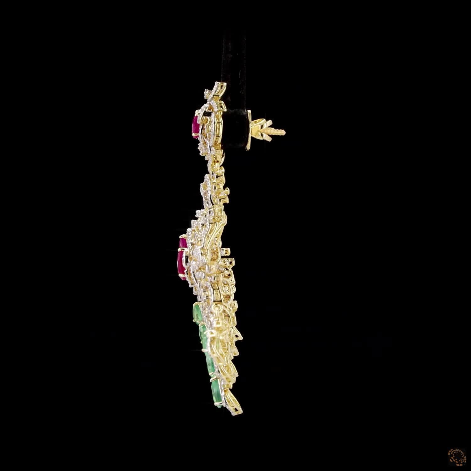 Emerald & Ruby Diamond Earrings in 18KT Yellow Gold
