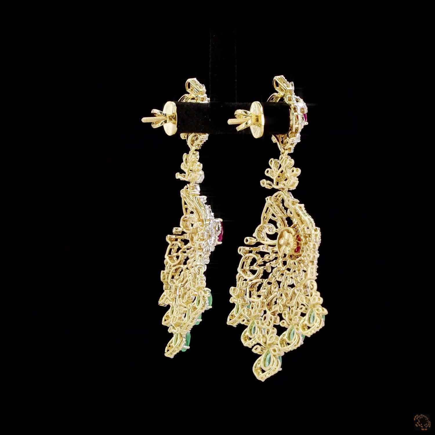 Emerald & Ruby Diamond Earrings in 18KT Yellow Gold
