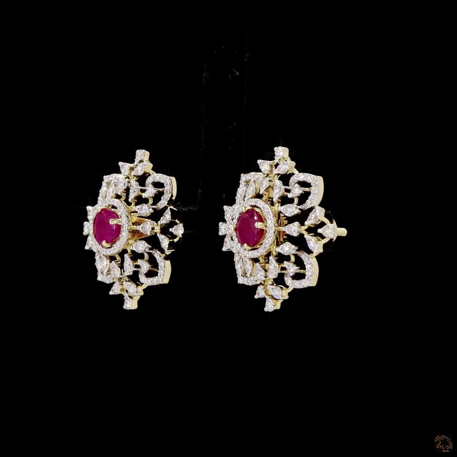 Emerald & Ruby Diamond Earrings in 18KT Yellow Gold