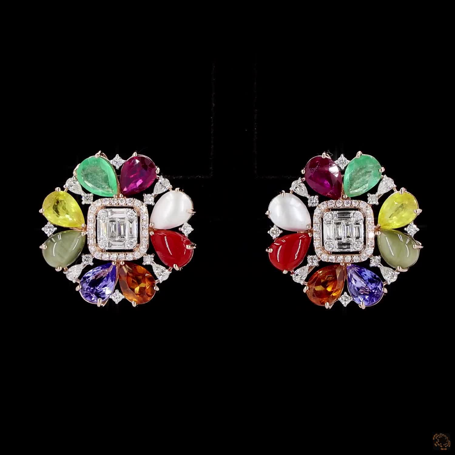 Navratna Stone Diamond Earrings in 18KT Rose Gold