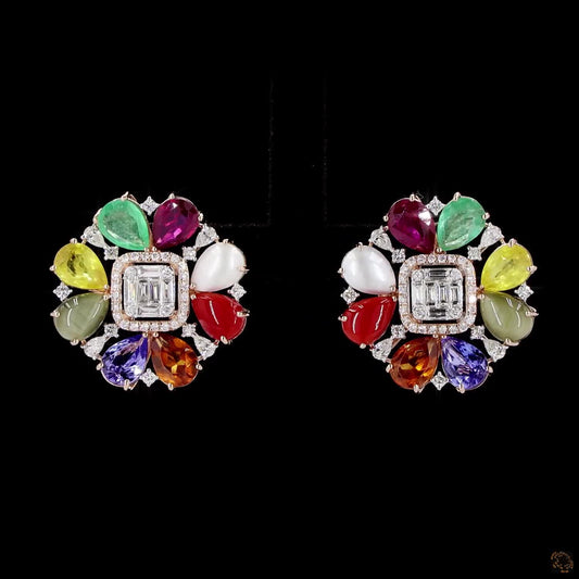 Navratna Stone Diamond Earrings in 18KT Rose Gold