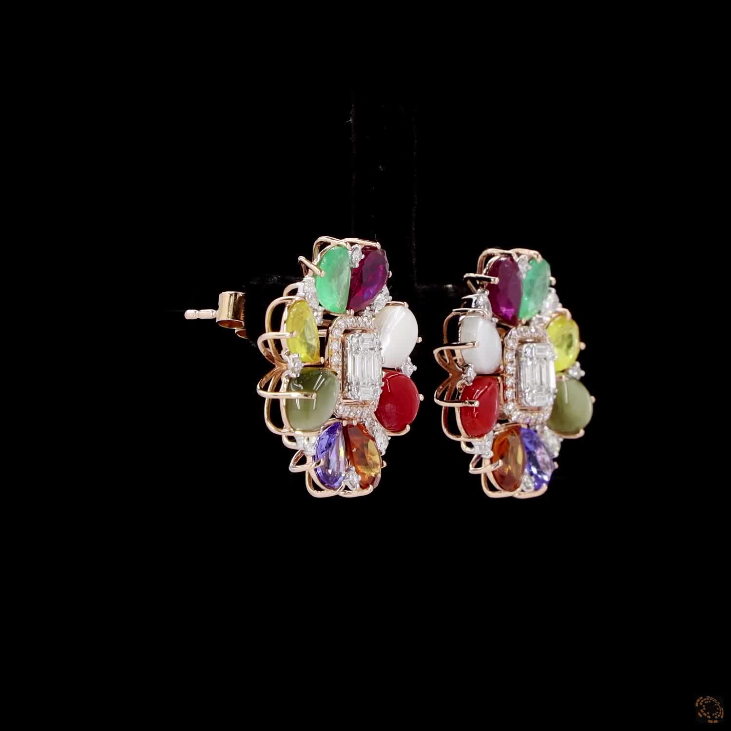 Navratna Stone Diamond Earrings in 18KT Rose Gold