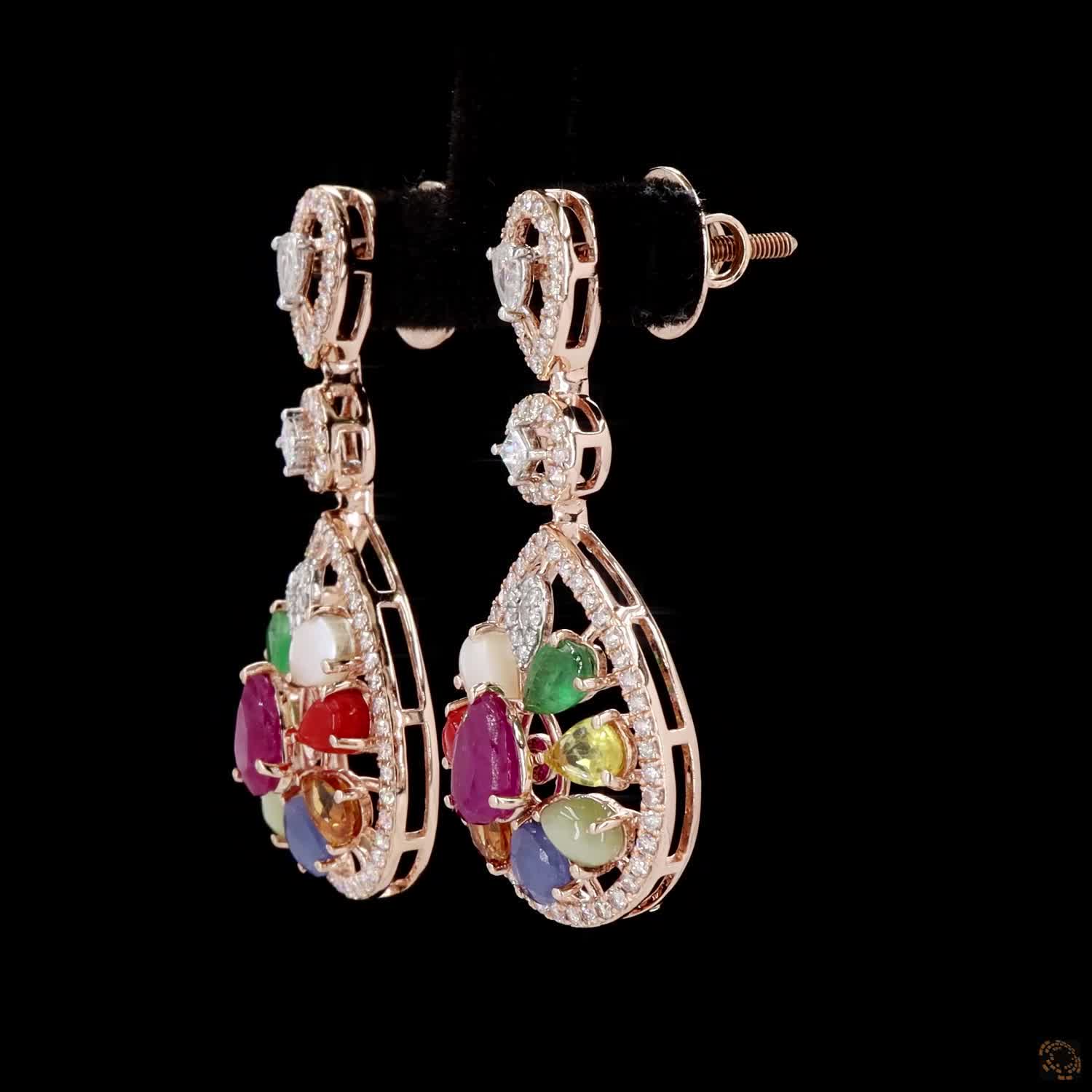Navratna Stone Diamond Earrings in 18KT Rose Gold