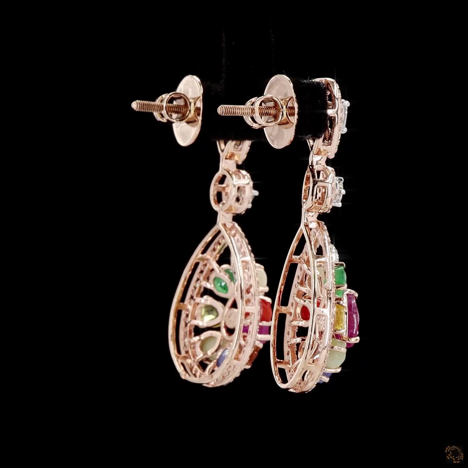 Navratna Stone Diamond Earrings in 18KT Rose Gold