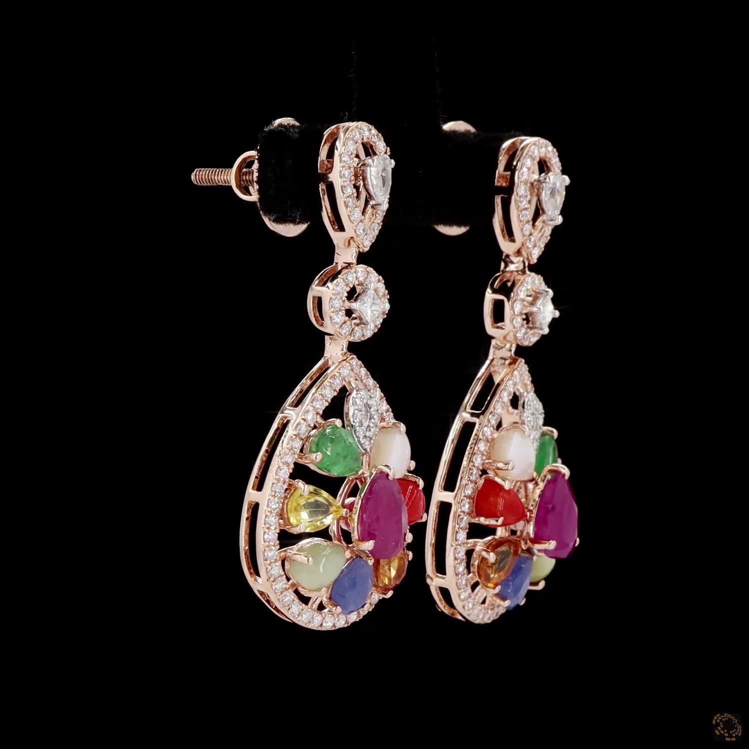 Navratna Stone Diamond Earrings in 18KT Rose Gold