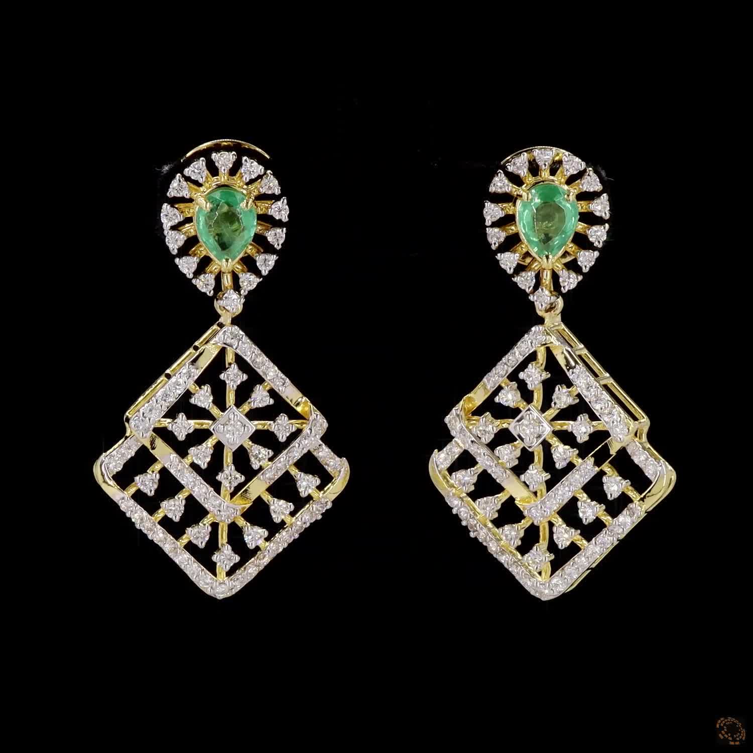 Emerald Diamond Earrings in 18KT Yellow Gold