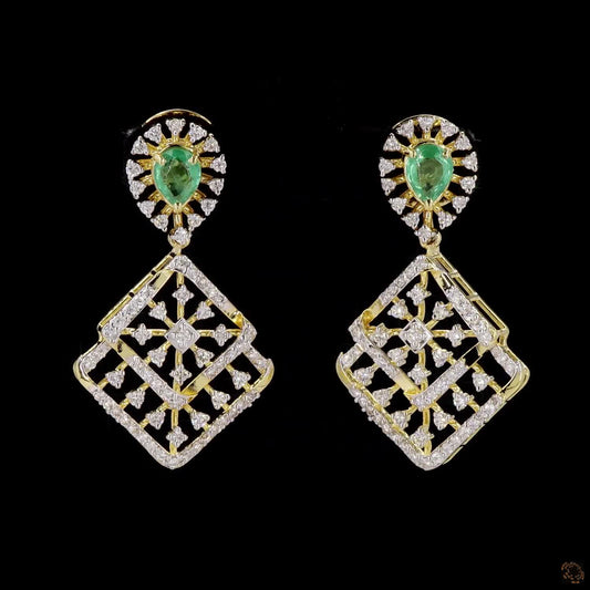 Emerald Diamond Earrings in 18KT Yellow Gold