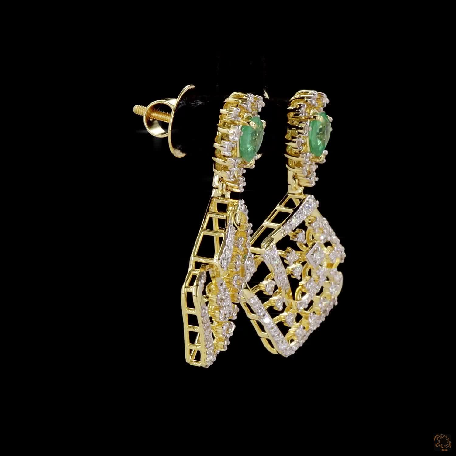 Emerald Diamond Earrings in 18KT Yellow Gold