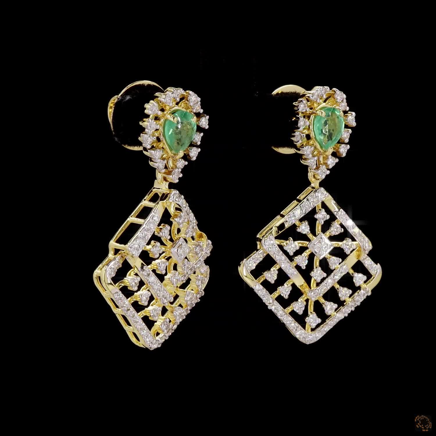 Emerald Diamond Earrings in 18KT Yellow Gold
