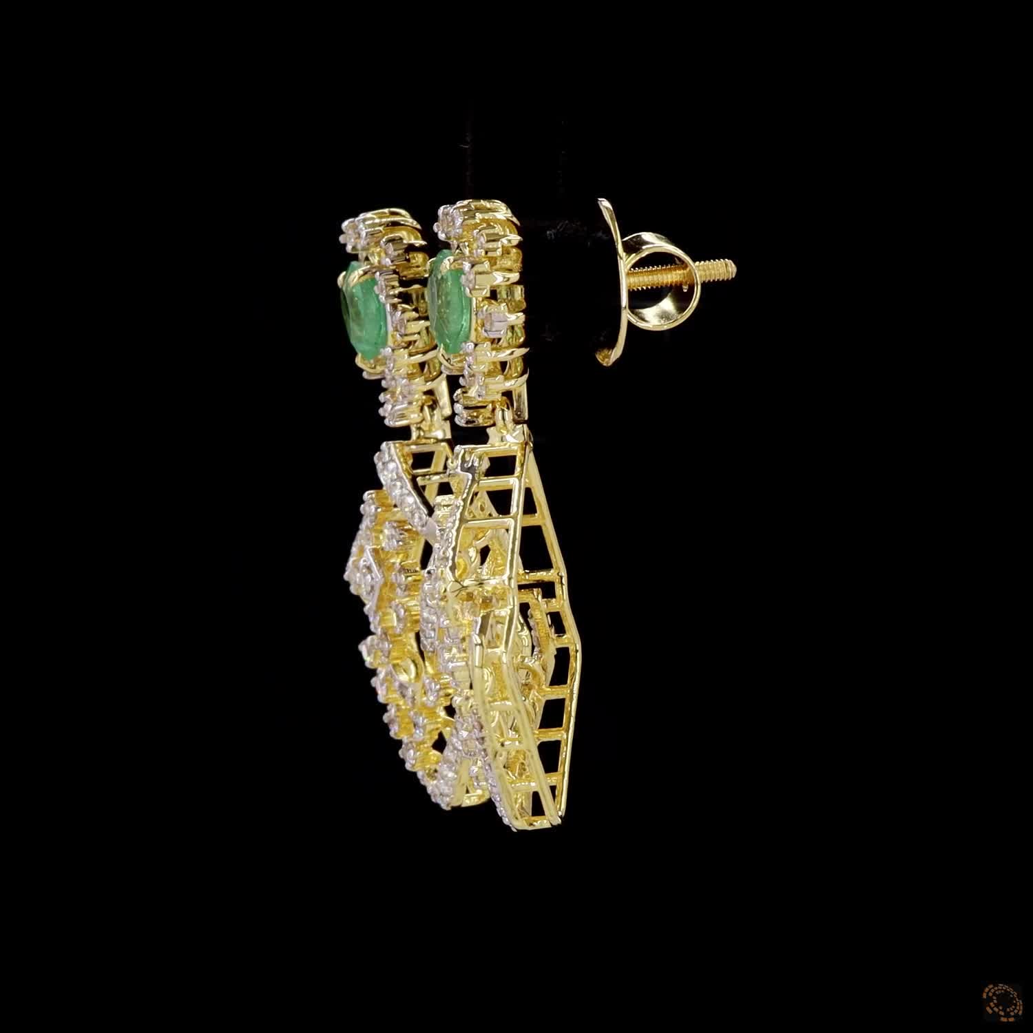 Emerald Diamond Earrings in 18KT Yellow Gold