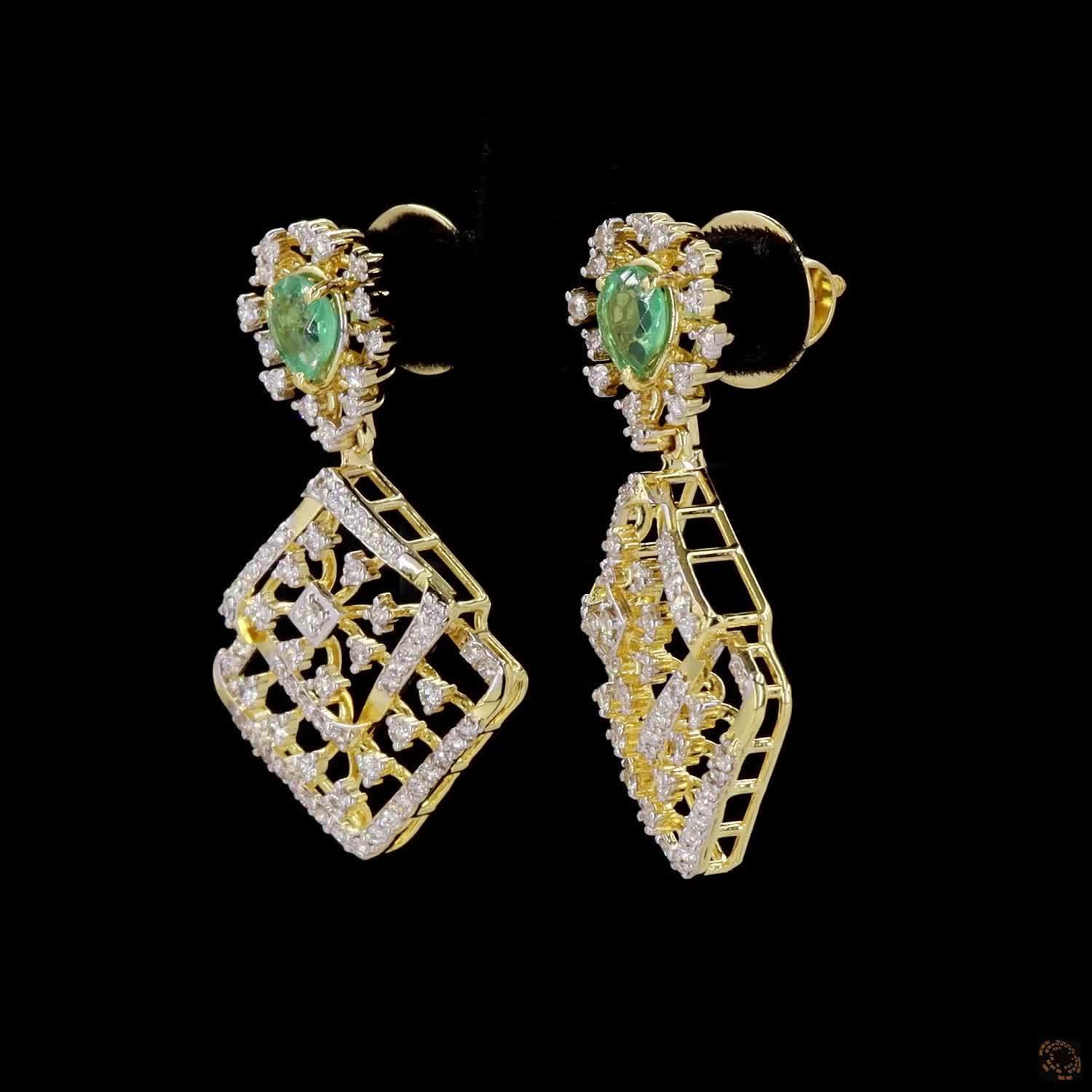 Emerald Diamond Earrings in 18KT Yellow Gold