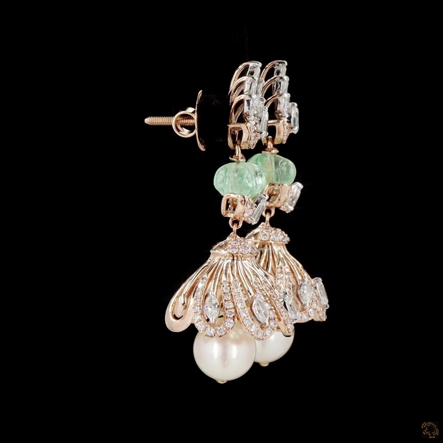 Emerald & Pearl Diamond Earrings in 18KT Rose Gold
