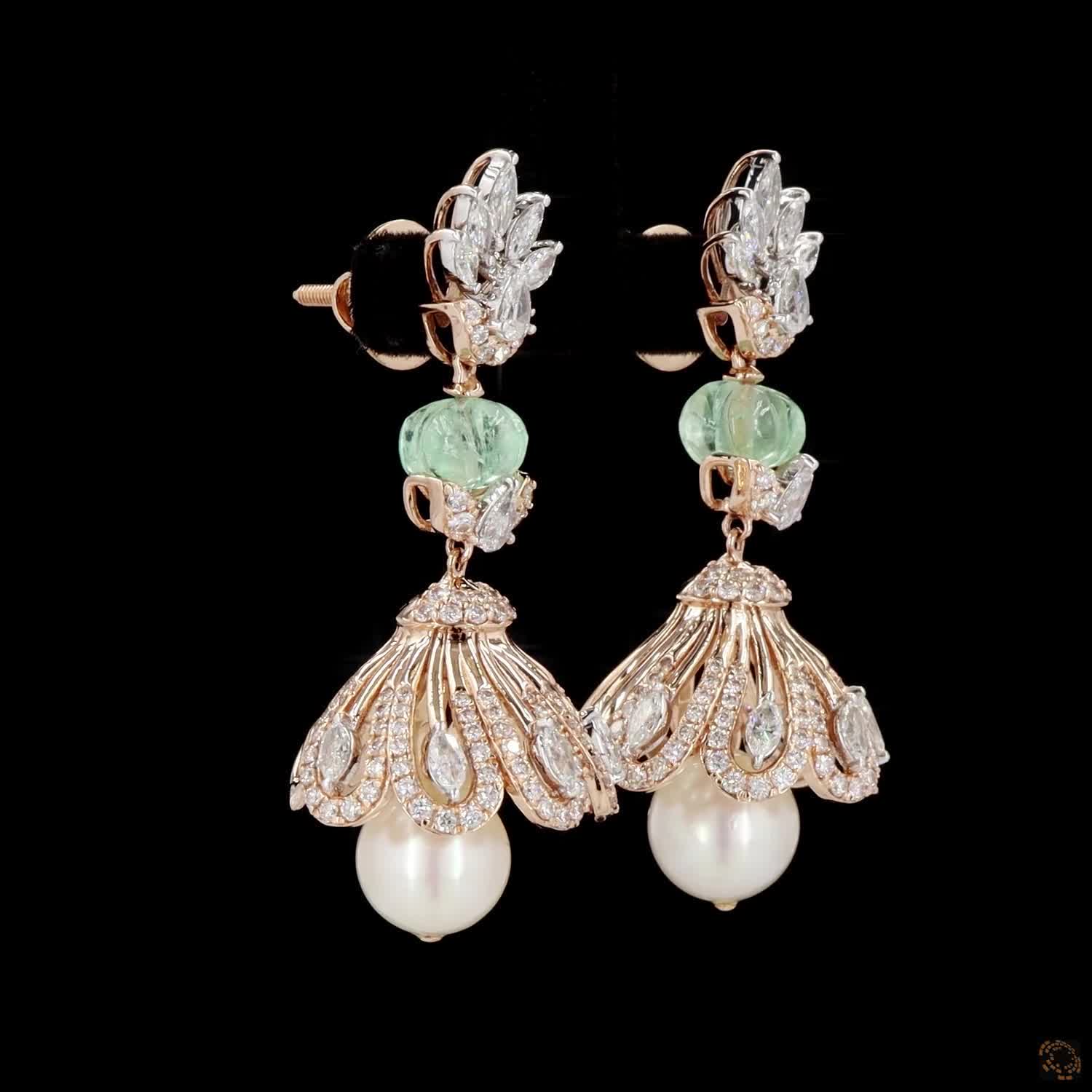 Emerald & Pearl Diamond Earrings in 18KT Rose Gold