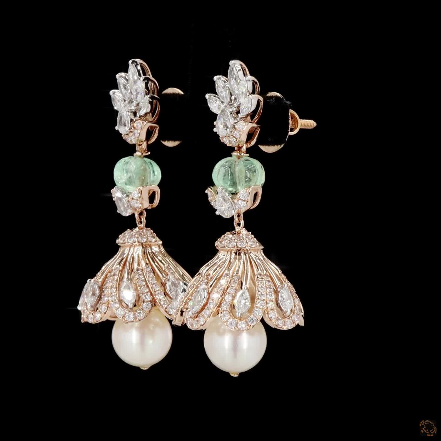Emerald & Pearl Diamond Earrings in 18KT Rose Gold