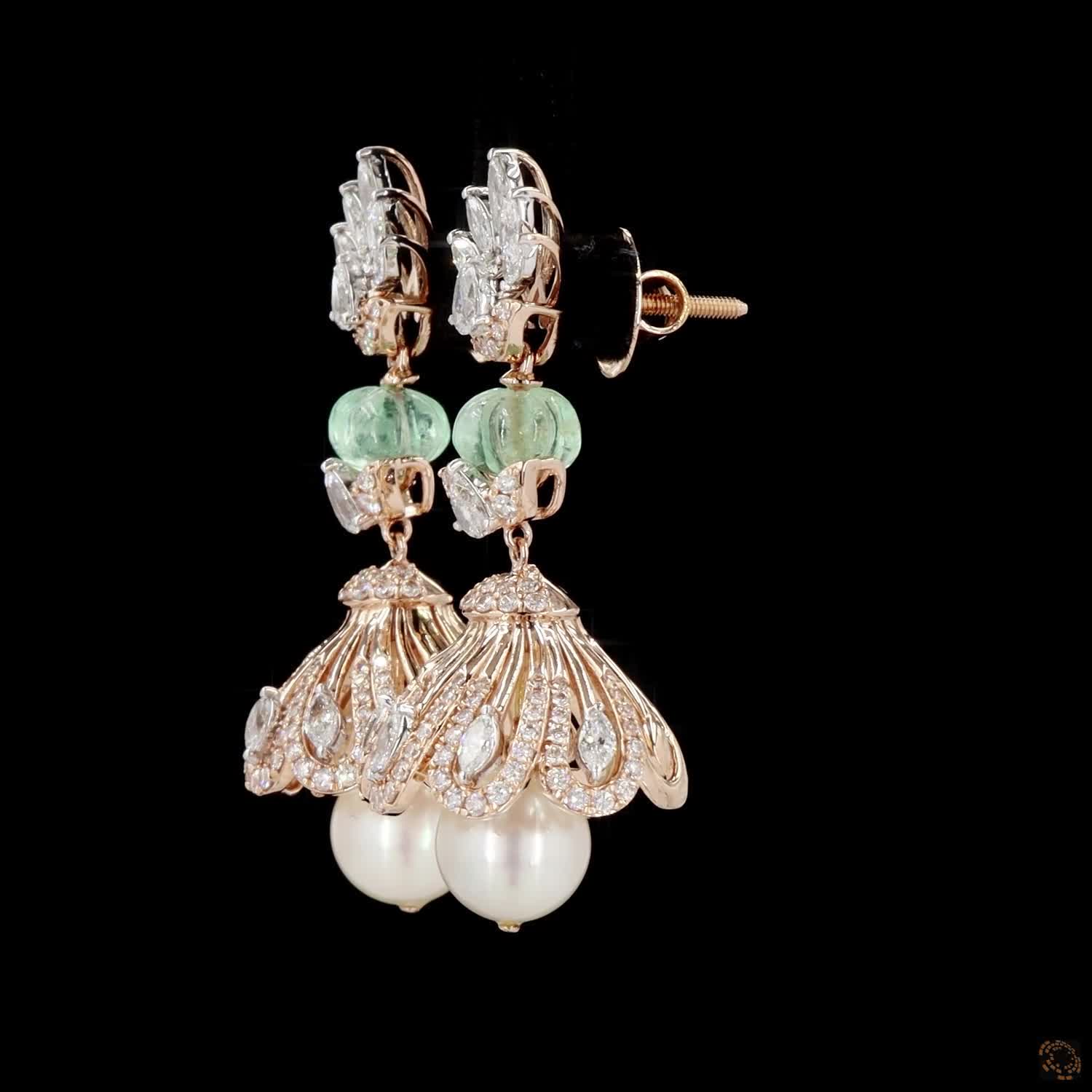 Emerald & Pearl Diamond Earrings in 18KT Rose Gold