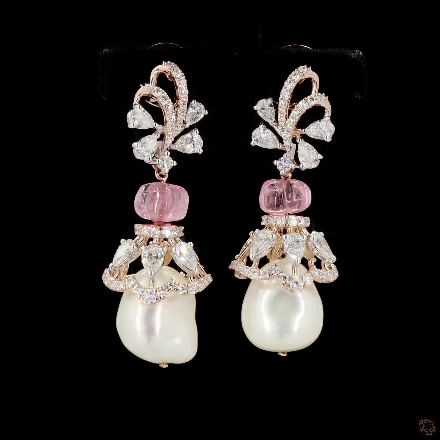 Pink Stone & Pearl Diamond Earrings in 18KT Rose Gold