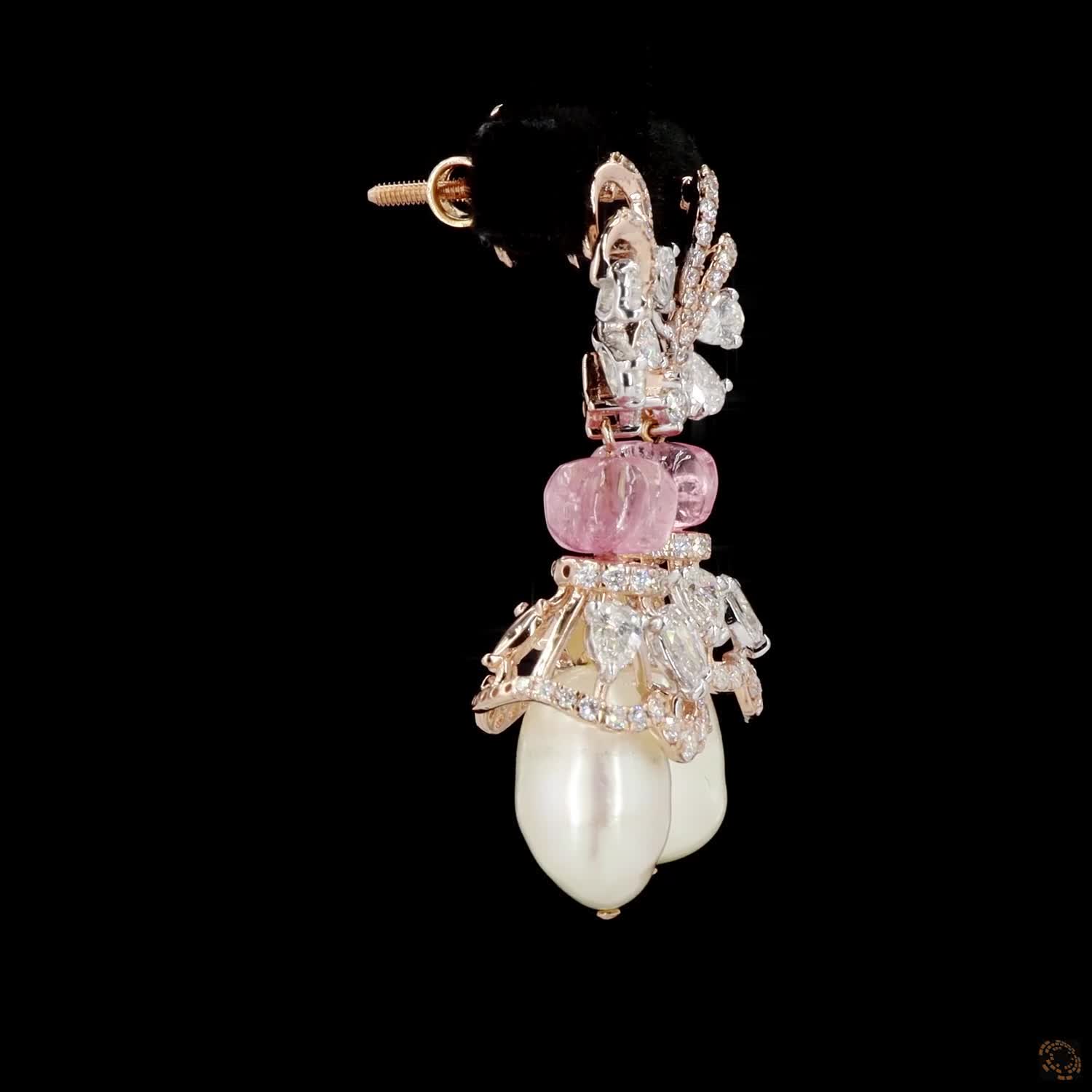 Pink Stone & Pearl Diamond Earrings in 18KT Rose Gold