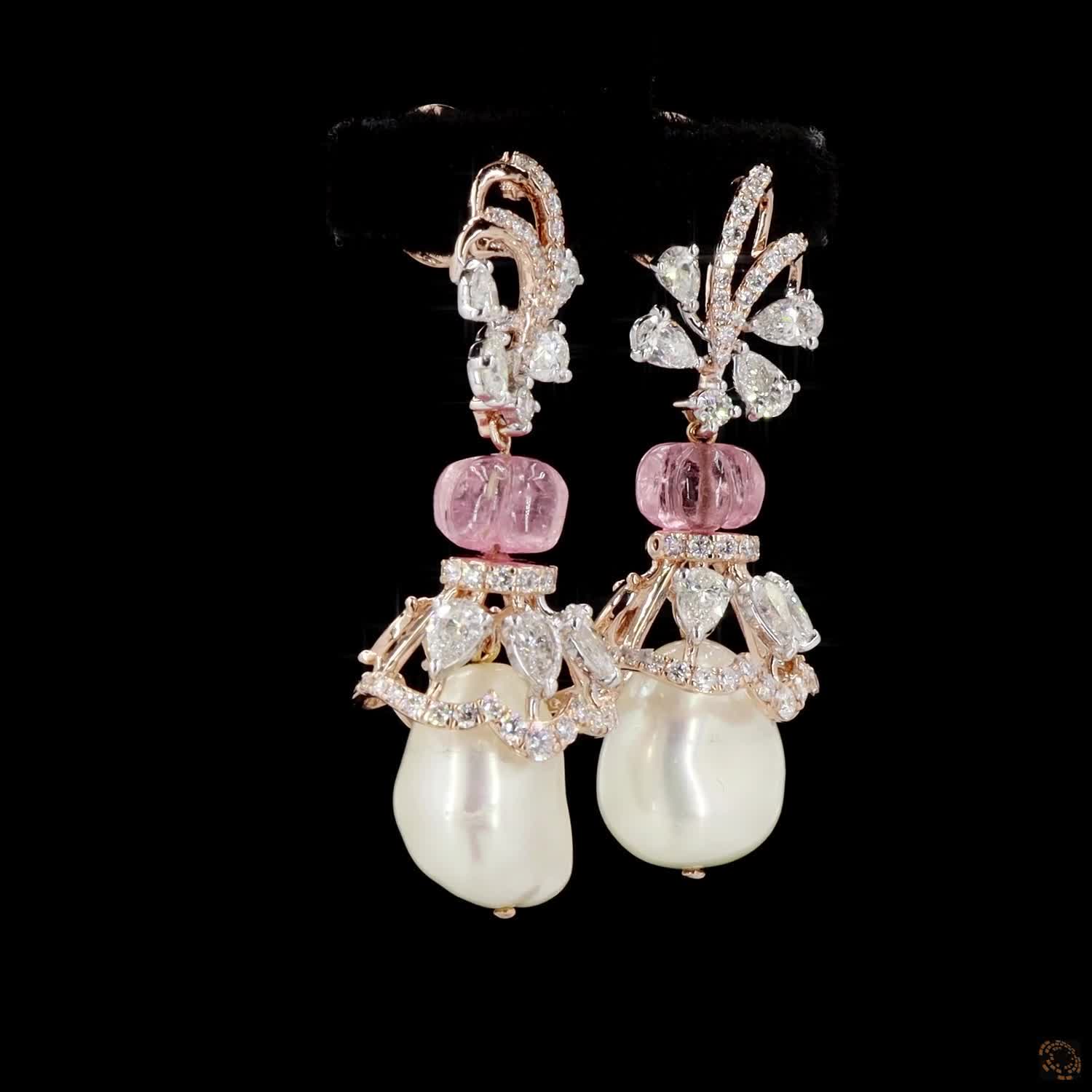 Pink Stone & Pearl Diamond Earrings in 18KT Rose Gold