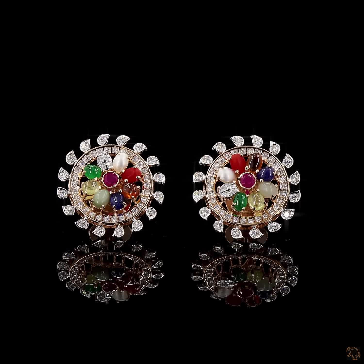 Navratna Stone Diamond Earrings in 18KT Yellow Gold