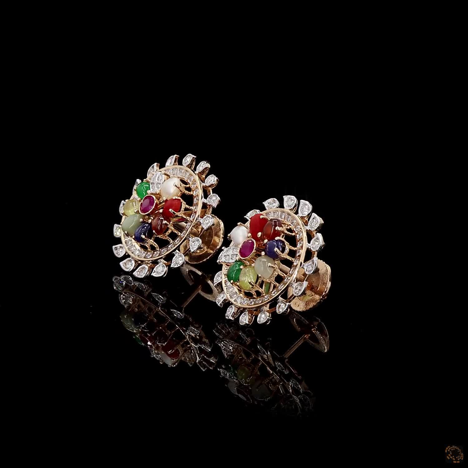 Navratna Stone Diamond Earrings in 18KT Yellow Gold